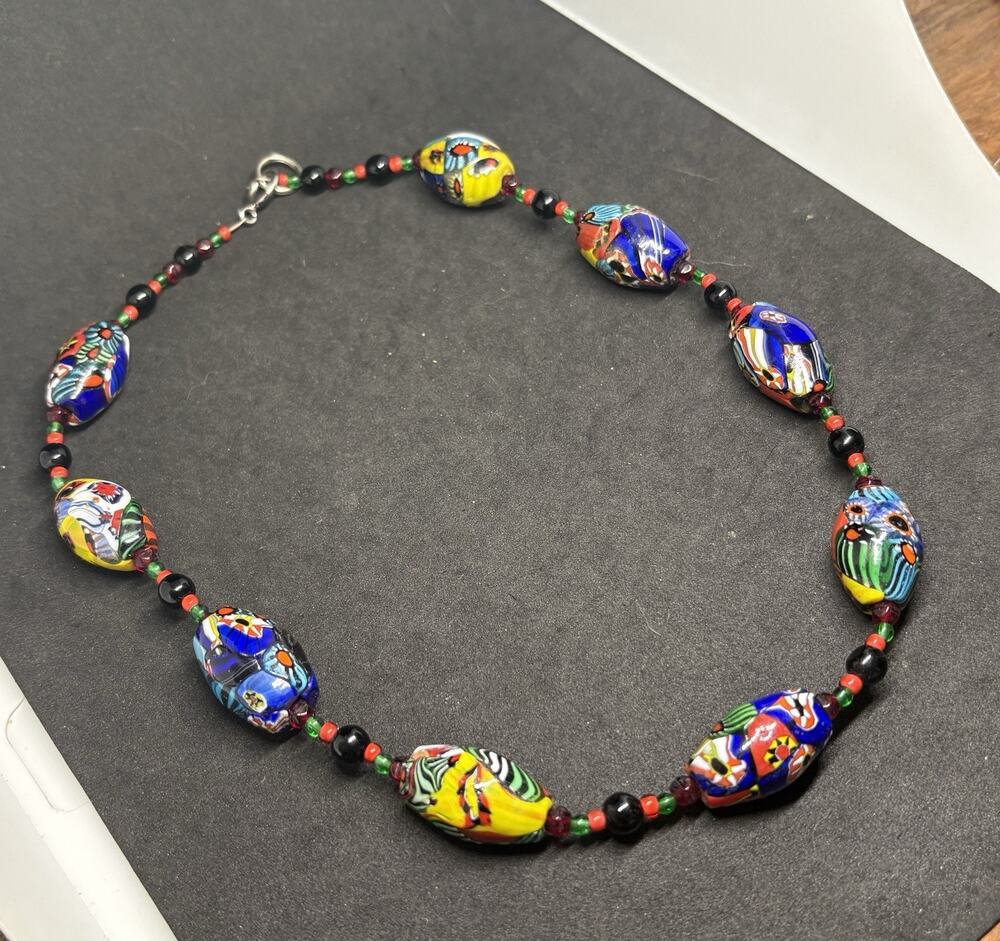 Vintage Italian Oblong Murano Multi Color millefiori Venetian Bead Necklace 20”